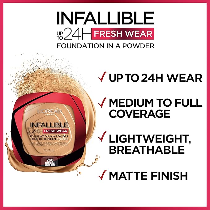L'Oreal Paris Makeup Infallible Fresh Wear Foundation in a Powder, Up to 24H Wear, Waterproof, Golden Sun, 0.31 oz.