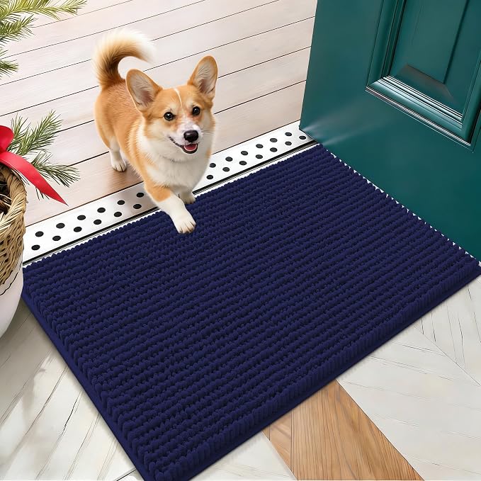 OLANLY Dog Door Mat for Muddy Paws 24x16, Extra Absorbent Chenille Mud Mat | Navy Blue, Absorbs Moisture and Dirt, Non-Slip Machine Washable Doormat, Quick-Drying Indoor Entryway Floor Mat for Dogs