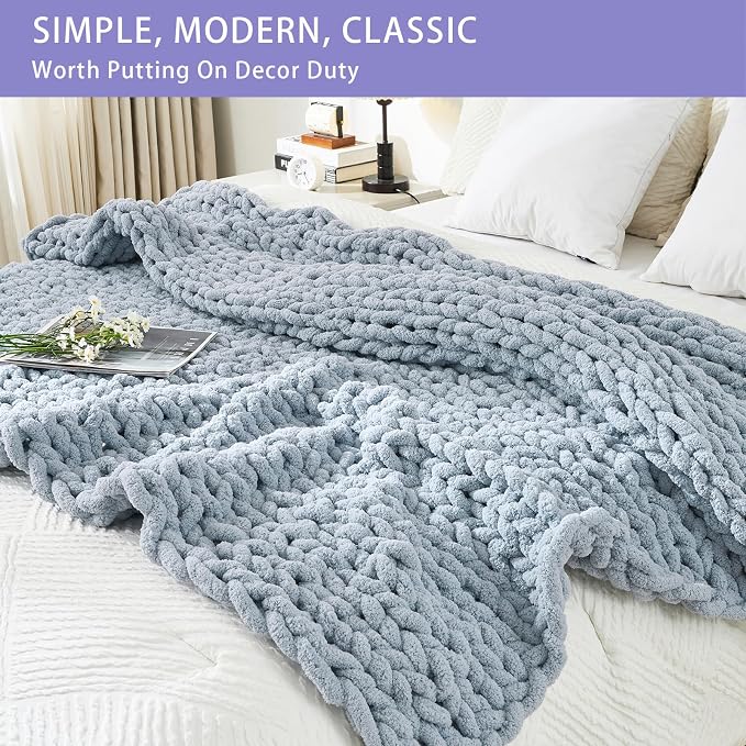 Bigacogo Chunky Knit Throw Blanket for Couch, 40x60 inches, Fog Blue | Hand Knit with Jumbo Chenille, Soft Breathable Cable Knit for Sofa Bed Living Room, Machine Washable, Gift for Mom Friend