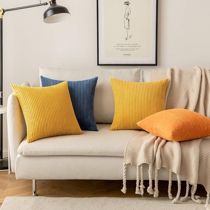 MIULEE Soft Corduroy Throw Pillow Covers Set of 2 20x20 Mustard Yellow | Decorative Striped Textured Cushion Cases, Boho Rustic Square Pillowcases, Home Decor for Couch Chair Sofa Bed Living Room