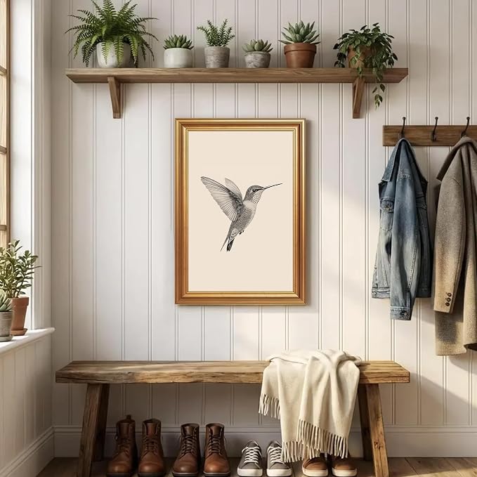 JLTULT Vintage Hummingbird Wall Art, Gold-Tone Framed Canvas, 16 x 24 In | Black-and-white hummingbird art on fade-resistant canvas with a ready-to-hang gold-tone PS frame for bedrooms and offices