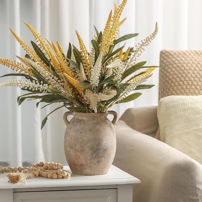 Dobbyby Ceramic Flower Vase 7.6 inch Farmhouse Rustic Vase Decorative Pottery Terracotta Vases for Home Decor Table Mantle Fireplace Living Room Bathroom Wedding Centerpiece (Whitewashed)