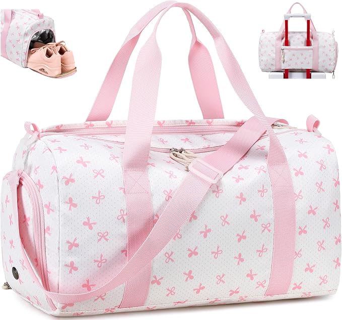 Gym Bag Duffle Bag with Wet Pocket Weekender Overnight Sports Duffels with Shoe Compartment for Girls Kids Women Travel Dance Cheer Bags (Pink Bow Pattern)