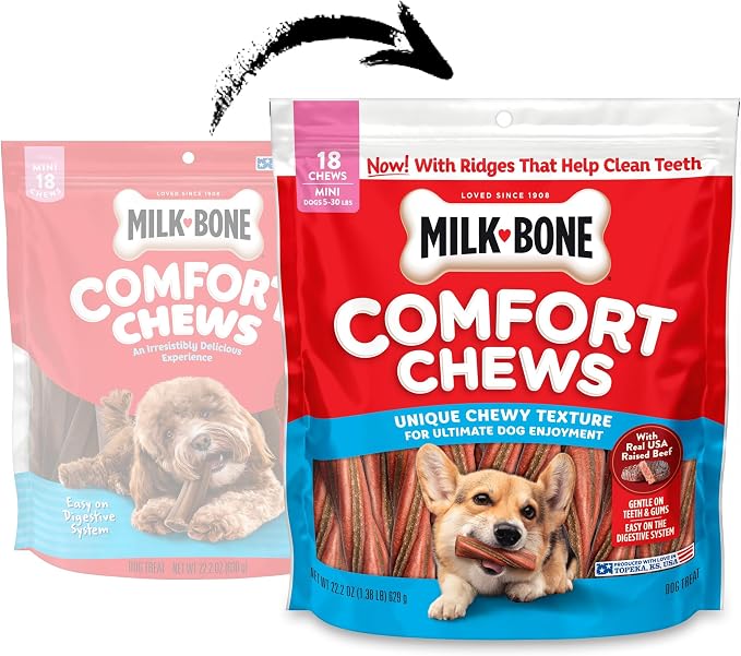 Milk-Bone Comfort Chews With Real Beef, 72 Mini Dog Chews | 4 (18-count) bags, For dogs 5-30 lbs., Rawhide-free dog chews, Unique chewy texture, Made with real beef