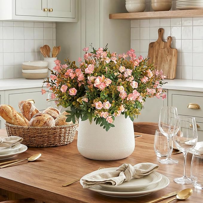 RM ROOMERS Artificial Flowers Plants for Outdoors, Fake Flowers Pink Rose | Pink Mini Rose UV Resistant Faux Flower for Garden Porch Windowbox Front Door Yard, No Fade Home Vase Decor (4 Bundles)
