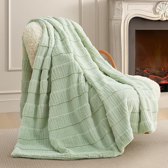 Luxury Striped Faux Fur Throw Blanket for Couch, Soft Cozy Fuzzy Fluffy Soft Plush Blankets Sofa Chair Gift Blankets for Women, 60"x80", Sage Green