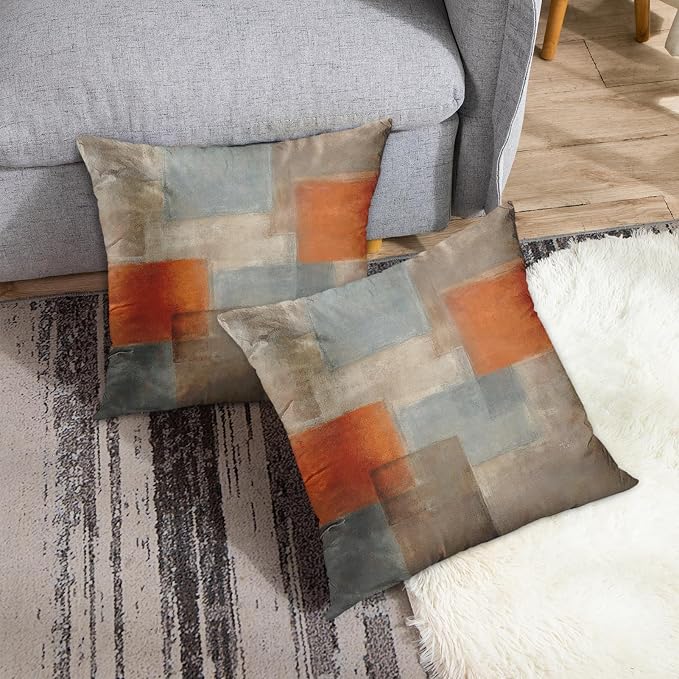 Throw Pillow Covers Set of 2, 16 x 16 Inch, Grey Burnt Orange | Abstract Modern Art Outdoor Decorative Square Pillow Cases Couch Cushion Case for Couch Bed Sofa Living Room Home Decor