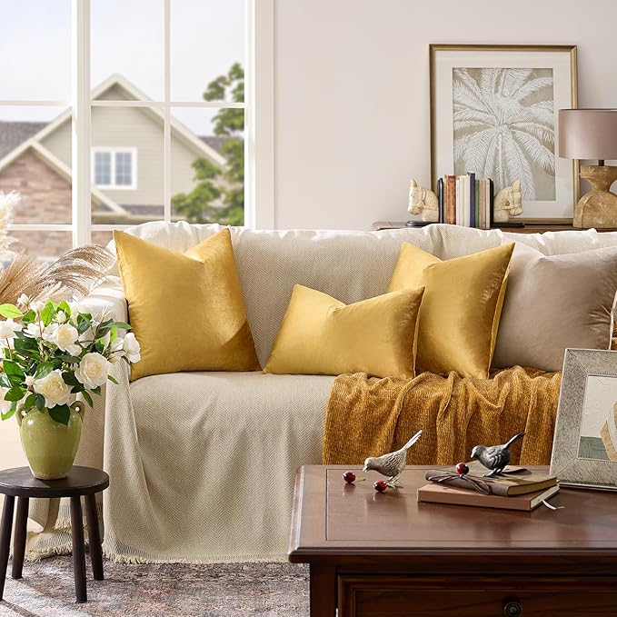 GIGIZAZA Golden Velvet Pillow Covers 26x26 Decorative Pillows Pack of 2 | Throw Pillows for Couch,Euro Sham,280gsm Soft Textured Fabric,Modern Square Pillowcases,Luxury Cushion Covers