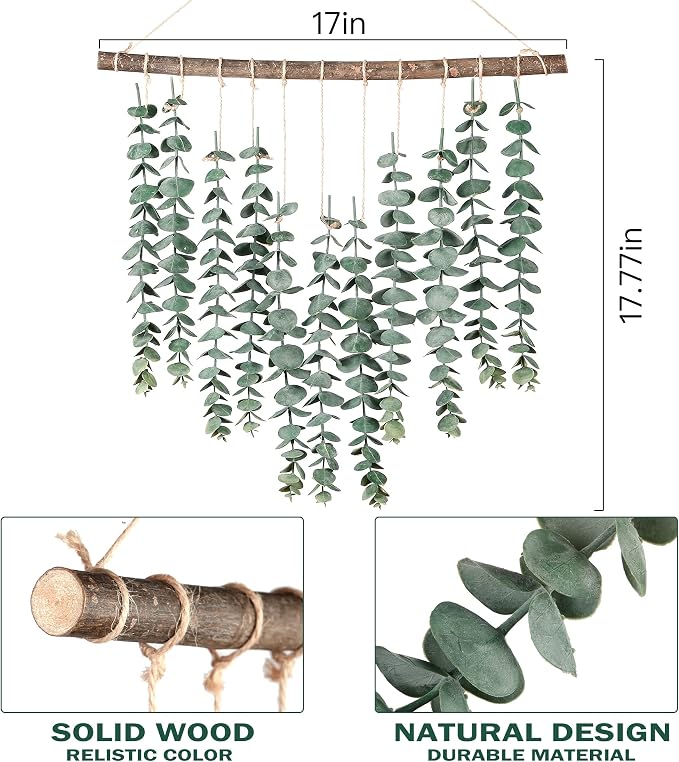 Sggvecsy 17.7‘’Eucalyptus Wall Hanging Artificial Eucalyptus Plant Fake Greenery Vine Boho Wall Decor for Apartment Bathroom Bedroom Kitchen Farmhouse Home Living Room Office Decorations