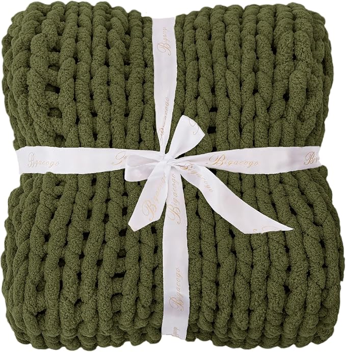Bigacogo Chunky Knit Throw Blanket for Couch, 51x63 inches, Yellow Green | Hand Knit with Jumbo Chenille, Soft Breathable Cable Knit for Sofa Bed Living Room, Machine Washable, Gift for Mom Friend