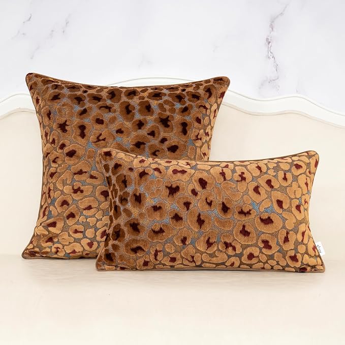 Alerfa Brown Floral Throw Pillow Cover 18 x 18 Inch Cut Velvet Sqaure Luxury Decorative Pillow Cover for Couch Living Room Bedroom
