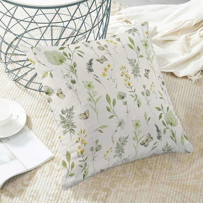 AEIOAE Spring Pillow Covers 16x16 Inch Set of 2, Sage Green Yellow Wild Flower Throw Pillows Case,Colorful Seasonal Floral Plant Outdoor Decorative Farmhouse Decor Cushion Covers for Sofa Bed Couch