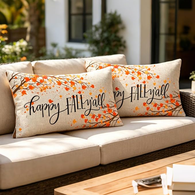 Happy Fall Y All Tree Maple Leaves Autumn Gift Cotton Linen Decorative Throw Pillow Cover Cushion Case 12''X20''inches