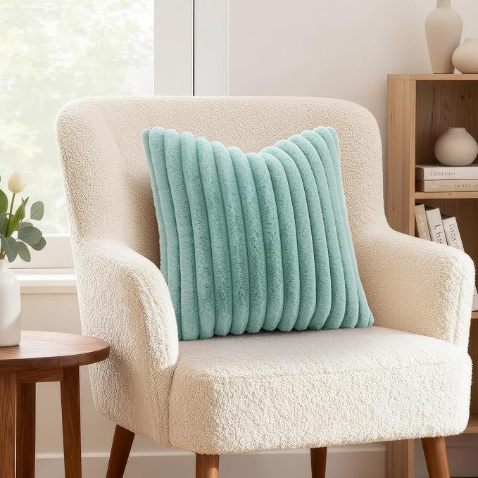 decorUhome Fall Faux Fur Throw Pillow Covers 16x16 Set of 2 Aqua | Decorative Soft Cozy Striped Plush Modern Farmhouse Boho Couch Pillow Cases Velvet Back for Sofa Bed Living Room Home Decor