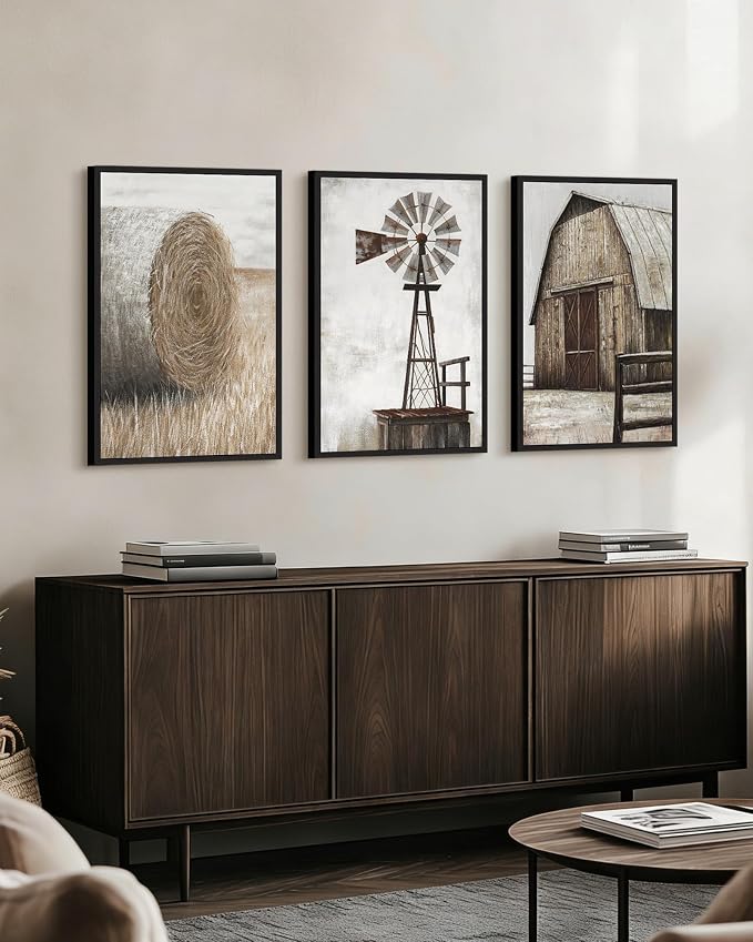 Drsoum Farmhouse Wall Art Vintage Rustic Windmill Barn Cornfield Pictures Framed Painting Landscape Countryside Rural Canvas Artwork Home Decor Ready to Hang 16x24in - Black Framed