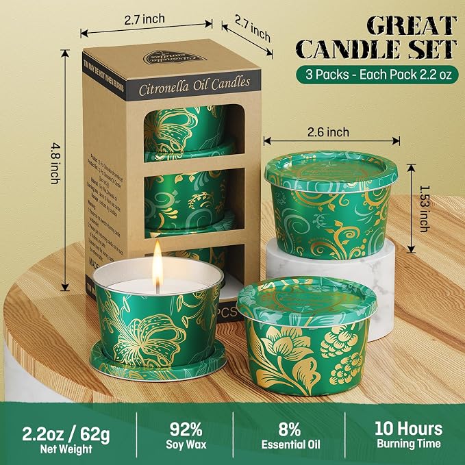Portable Citronella Candles for Outdoor Patio - 3 Pack 2.2oz Travel Size Natural Soy Wax Candles in Shatterproof Tins, 30 Hours Total Burn Time for Camping, Fishing, Backyard Party & Deck Décor