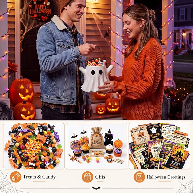 FoldTier 2 Pcs Halloween Ghost Planter Vase Candy Bowl Bucket with Handle | Resin Ghost Design, Multipurpose Flower Pot and Candy Holder, Indoor Outdoor Decor, Home Garden Table Centerpiece for Party