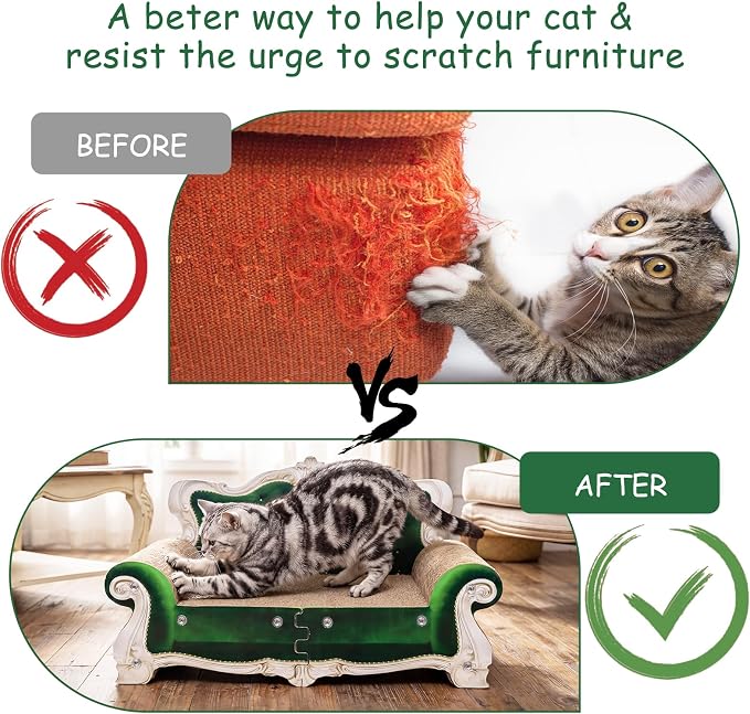 Luxury Cardboard Cat Scratcher Sofa Bed, Couch Shaped Cat Scratching Board, Cat Scratch Lounge with Catnip, Cat Scratcher for Indoor Cats (Green Crown)
