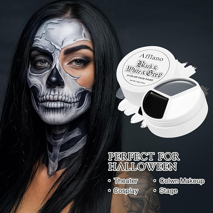Black White Light Grey Face Body Paint, Creamblendable FacePaints for Halloween Skeleton,Skull,Zombie,Gothic Makeup,Clown Black White Makeup for Adults Kids, Body Paint Face Painting for SFX Cosplay