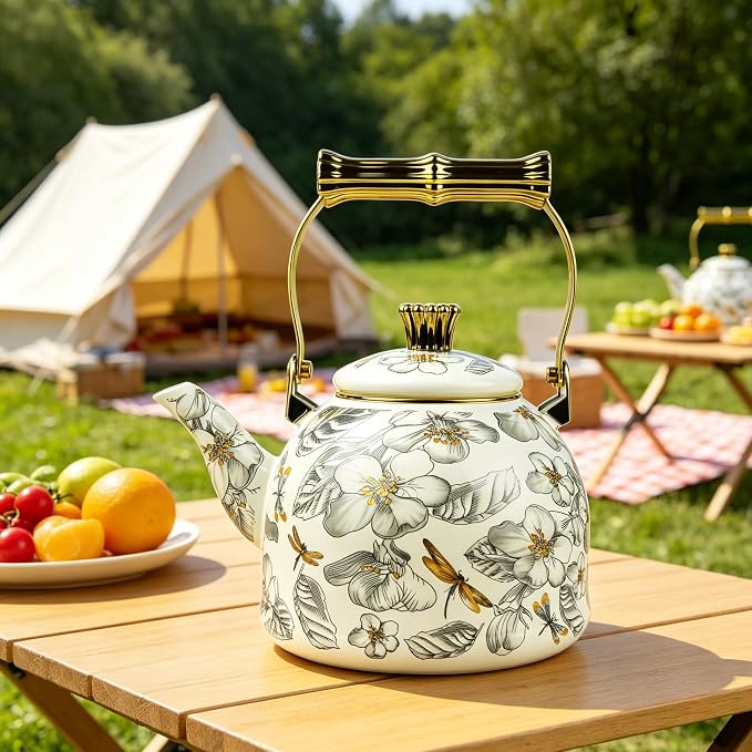Vintage Enamel Tea Kettle, Dragonfly Floral Pattern Stovetop Teapot with Gold Handle, 2.5L Enamel Kettle Kitchen Decor, Ideal Gift for Housewarming Camping Coffee Pot