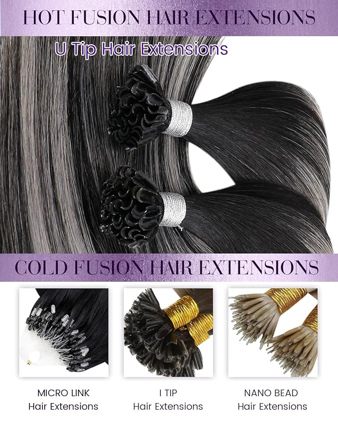 LaaVoo U Tip Hair Extensions Human Hair Ombre Black K tip Hair Extension Real Human Hair Natural Black to Silver KTip Human Hair Extensions Hot Fusion 24 inch 50g/50s