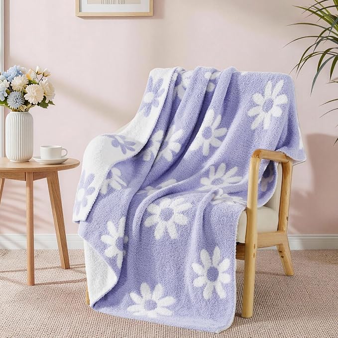 Soft Throw Blanket for Couch-Cozy Reversible Knitted Blankets | Lightweight Warm Fluffy Decor for Women, Mom, Her & Girls, Sofa, Chair, Bed, 50x60in,Daisy Floral Purple