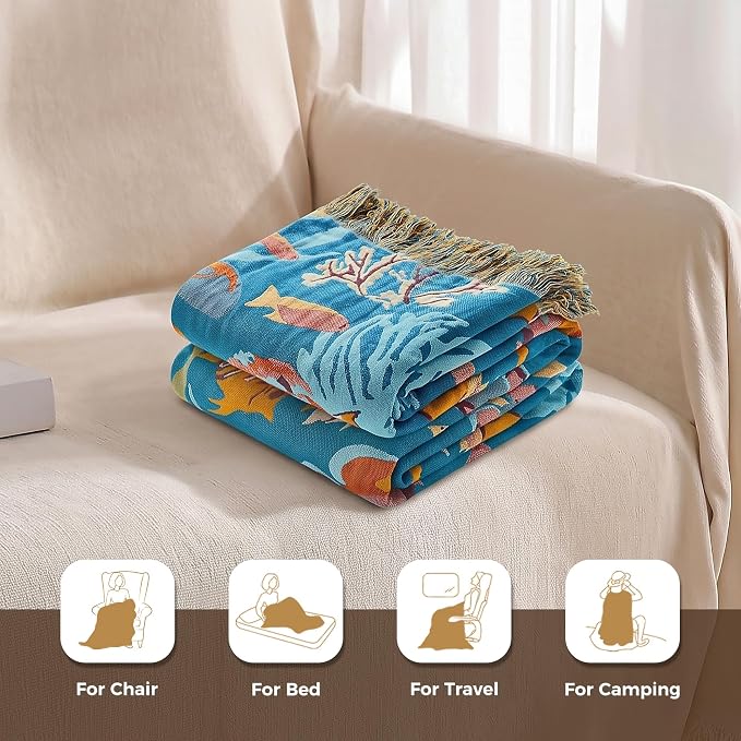 LUTBM Boho Throw Blanket for Couch 50"x60", Cotton Decorative Bed Throw | Underwater Ocean Life Jacquard, All-Season Muslin Blankets, For Chair Sofa Living Room Decor, Lightweight & Breathable Gauze