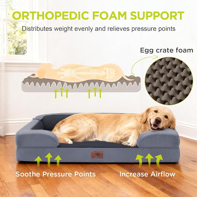 Waterproof Orthopedic Dog Bed for Medium Large Sized Dogs | Memory Foam Pet Bed Sofa with Bolster, Dog Couch with Washable Cover & Non-Slip Bottom, 36x27 Inch, Dark Grey
