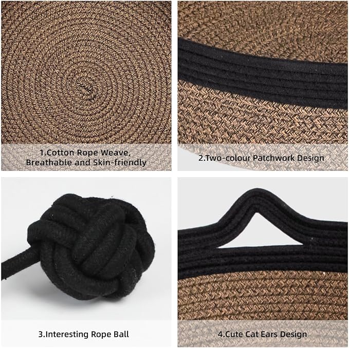 Cat Bed, Cotton Rope Instinct Basket for Cats, Handwoven Cat Beds | Stimuli Handwoven Basket for Cat, Pet Sleeping Bed with Rope Ball, Puppies, Rabbits and Small Pets (Medium, Black & Brown)