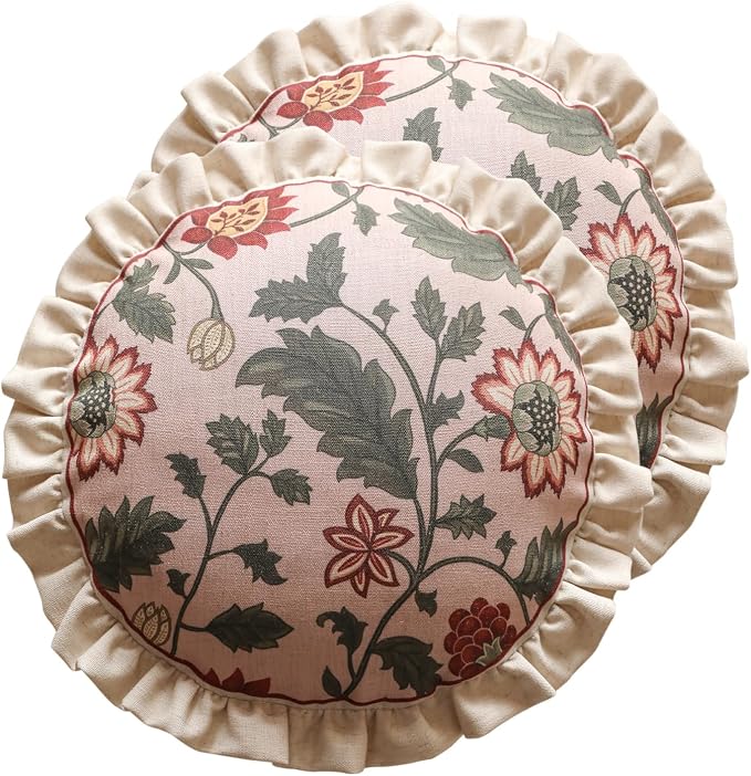 Vintage Linen Throw Pillow Cover,Set of 2,Diameter 16"-Ratina A | Designer Elegant Round Pillow Cover,Concealed Zipper Design,Floral Pattern,Sofa,Bedroom,Living Room,Lounge Chairs