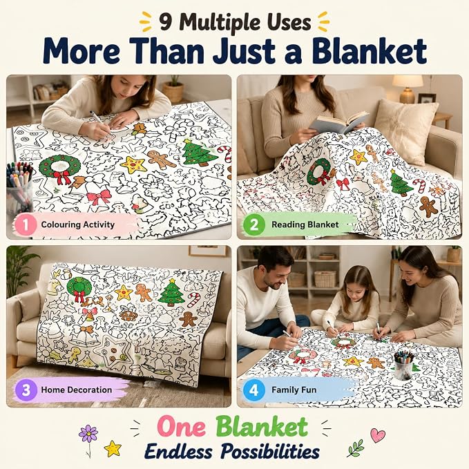 DIY Coloring Blankets with 24 Colors Markers for Adults (95 - Christmas) | Custom Color In Your Own Blankets With 24 Colors Markers, Snuggle Color Sketch Washable Blankets Kit Home Decor