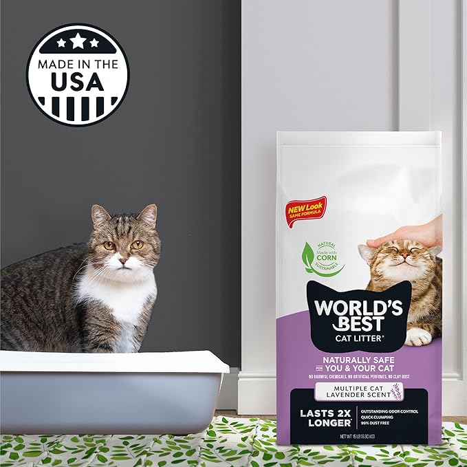 World's Best Cat Litter, Lavender Scented, Long-Lasting Odor Control, 15 lb | Controls multi-cat odors with a calming lavender scent; natural corn litter, quick clumping, flushable, 99% dust free formula