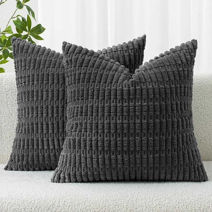 MIULEE Corduroy Decorative Throw Pillow Covers 16x16 Dark Grey Pack of 2 | Soft Boho Striped Pillow Covers Modern Farmhouse Home Decor For Sofa Living Room Couch Bed