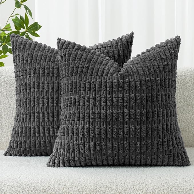 MIULEE Corduroy Decorative Throw Pillow Covers 18x18 Dark Grey Pack of 2 | Soft Boho Striped Pillow Covers Modern Farmhouse Home Decor For Sofa Living Room Couch Bed