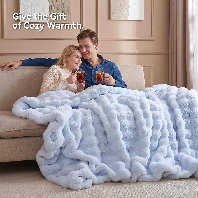 Faux Rabbit Fur Throw for Couch - Light Blue Bubble Blanket 50"x60" | Fluffy Plush Fuzzy Throw for Sofa & Bed, Super Soft Cozy Comfrt Blanket, Luxury Aesthetic Light Blue Decor Gift for Women