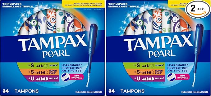 Tampax Pearl Tampons Trio Pack, Super/Super Plus/Ultra Absorbency with BPA-Free Plastic Applicator and LeakGuard Braid, Unscented, Blue, 34 Count (Pack of 2)