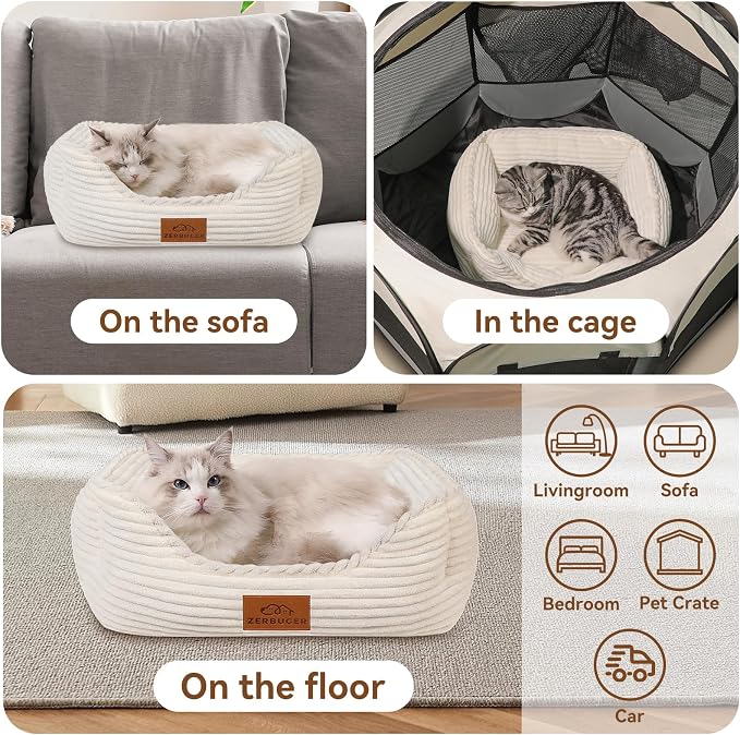 Zerbuger 20in Cream Rectangle Cat Dog Bed Machine Washable Sleeping Sofa | for Large Medium Small Pets Indoor Outdoor, Non-Slip Bottom Soft Puppy Bed Durable Orthopedic Calming Pet Cuddler