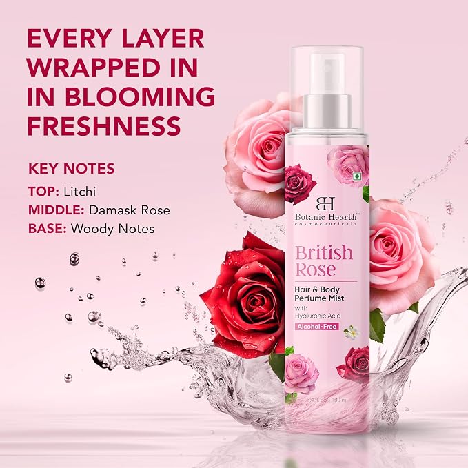 Botanic Hearth British Rose Hair Perfume & Body Mist, Long-Lasting Hair Deodorizer, Body Scent for Women & Men, Alcohol-Free Clean Fragrance Hair Spray For Everyday Wear, All Day Freshness, 3.4 Fl Oz