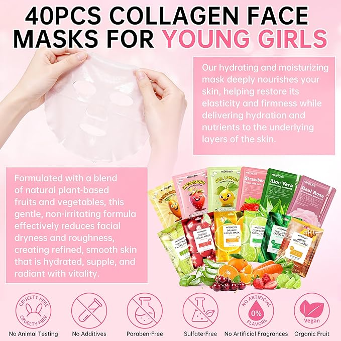 40Pcs Collagen Face Masks Skincare Set for Women, Spa Face Mask with Collagen Extract, Bulk Facial Mask for Teen Girls, Korean Face Mask Sheet Gift for Sensitive Skin, Daily Hydrating Skincare Routine