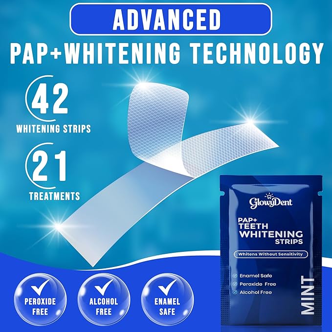 GlowyDent Teeth Whitening Strips – 21 Treatment (42 Strips), Pap+ Enamel-Safe Whitening Technology, Peroxide-Free for Sensitive Teeth