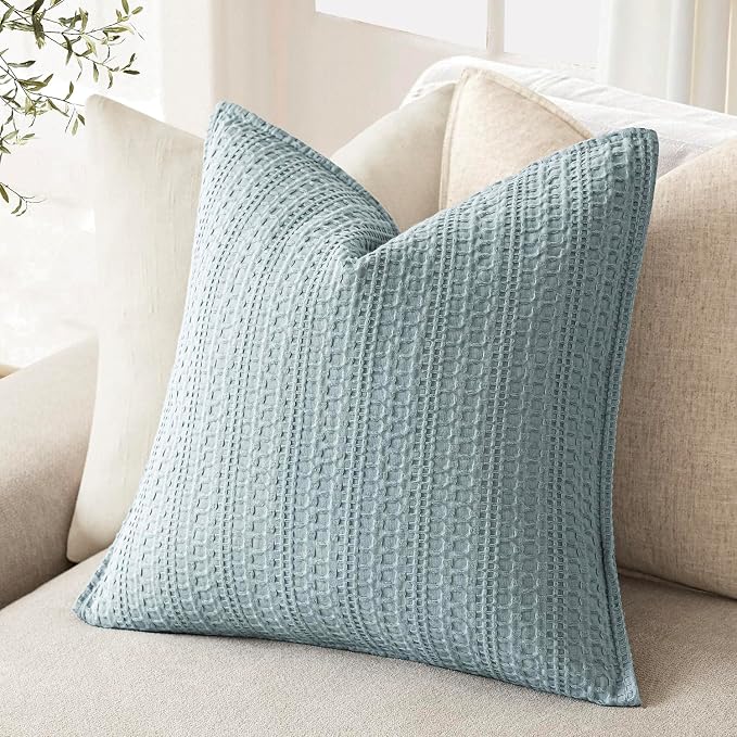 Foindtower Set of 2 Decorative Cotton Waffle Weave Throw Pillow Covers Euro Shams Cushion Covers Accent European Pillowcase for Bed Couch Sofa Bedroom Living Room Home Decor 24×24 Inch Light Blue
