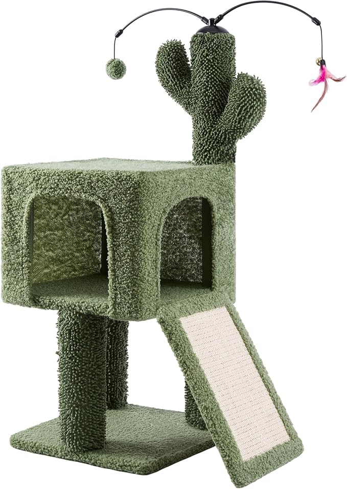 32" Cactus Cat Tree for Indoor Cats, 2-in-1 Cat House with Sisal Scratching Post & Ramp, 2-Level Cat Tower with Rotatable Feather & Ball Toys, Stable Cat Condo for Small/Medium Cats, Green