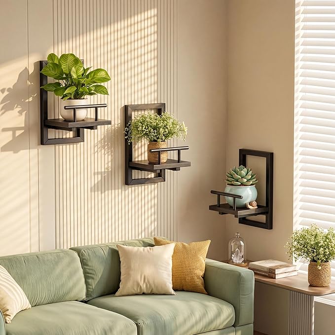 Sbosbo Floating Shelves for Wall Plant Shelf Indoor Wall Mounted Shelves | Wall Planters for Indoor Floating Plant Shelves for Bedroom, Living Room, Kitchen, Office, Bathroom Decor (Black, 2 Pack)