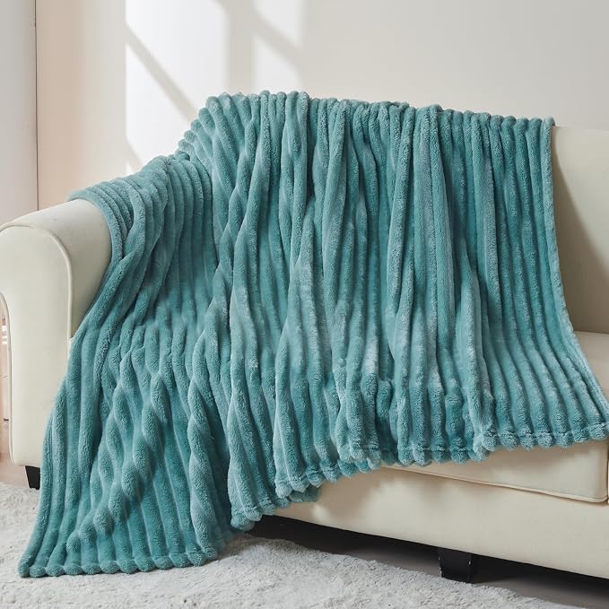 NEWCOSPLAY Fleece Ribbed Cozy Twin Blanket for Couch, Light Teal, 60"x80" | Premium Silky Flannel Blanket, Soft Lightweight Fluffy Throw Blanket for Bed Sofa Decor, Gift for All Season Use