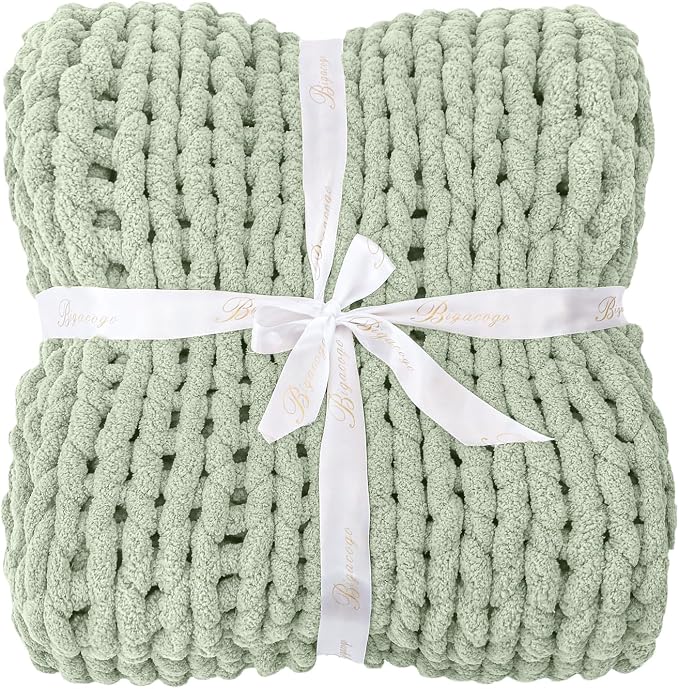 Bigacogo Chunky Knit Throw Blanket for Couch, 51x63 inches, Sage Green | Hand Knit with Jumbo Chenille, Soft Breathable Cable Knit for Sofa Bed Living Room, Machine Washable, Gift for Mom Friend