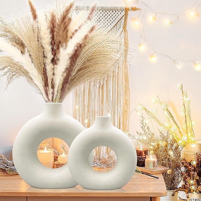 QLOFEI White Ceramic Vases Set of 2, Round Matte Modern Vase for Home Decor, Donut Ceramic Design Pampas Grass Vases for Living Room Coffee Table Decor, Boho Style for Gift