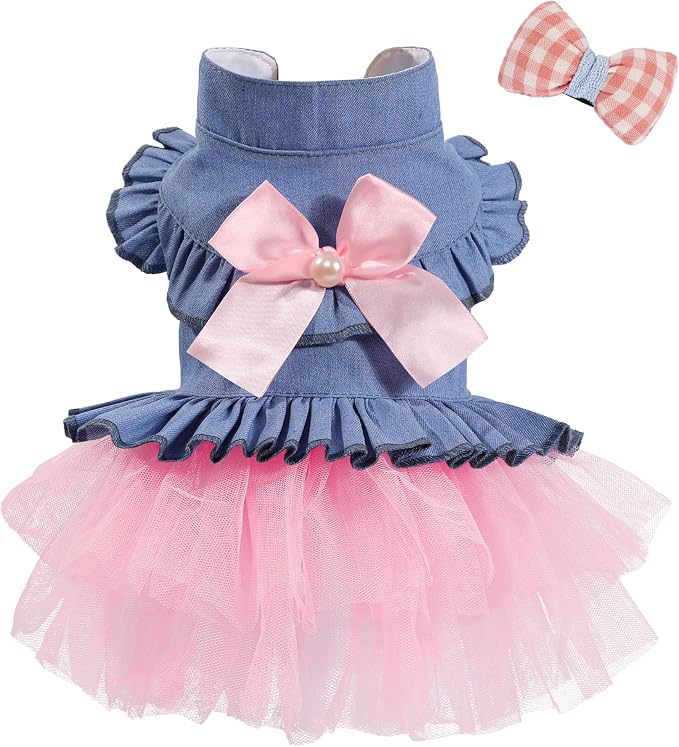 Dog Dress, Fashion Puppy Tutu Princess Dresses for Small Dogs Girl, Sweet Skirt with Dog Bowknot Clips, Spring Dog Cat Clothes Pet Apparel (Denim Princess Dress, Large)