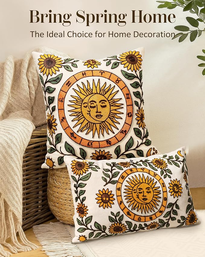 Embroidered Throw Pillow Cover 20x20 Inch, Sunflower Moon | Decorative Pillow Cover, Farmhouse Boho Cushion Case with Hidden Zipper, Autumn Decor for Couch, Sofa, Living Room, Bedroom