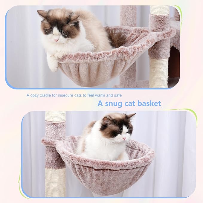 Hey-brother Cat Tree Tower with Stable Extended Base, 3 Platforms, MPJ038MU | 70.9 Inches Multi-Level Sisal Scratching Posts, Wide Bed, 2 Cozy Condos, 2 Hammocks, Toy Balls for Indoor Cats, Muchroom