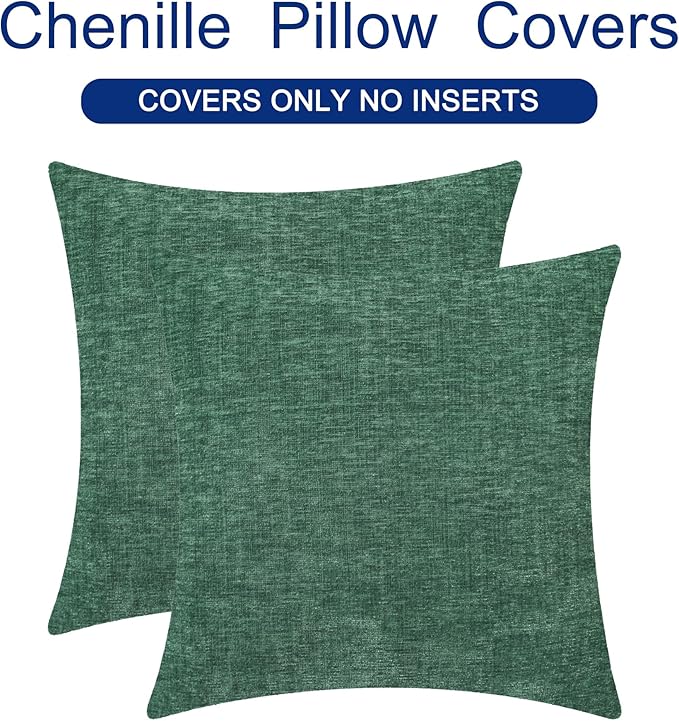 CaliTime Decorative Couch Throw Pillow Covers 18 X 18 Inches Dark Green | Pack of 2, Cozy Chenille Cushion Cases for Sofa Bed Living Room Farmhouse Home